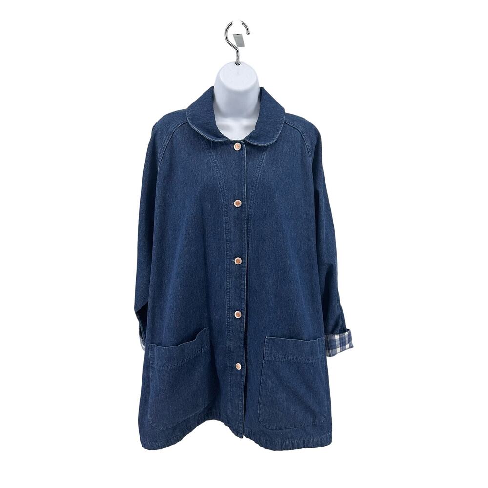 Vintage Norm Thompson Blue Denim Jacket Womens Large Button Front Flannel Lined